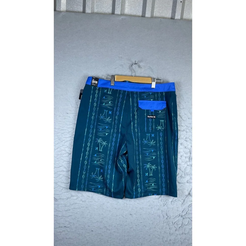 Hurley Board Shorts Mens 30 Teal New Tropical Palm Tree Bone Print Swim Trunks